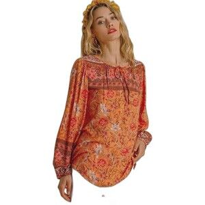 New Umgee M Peach Mixed Floral Border Print Long Puff Sleeve Split Neck Top